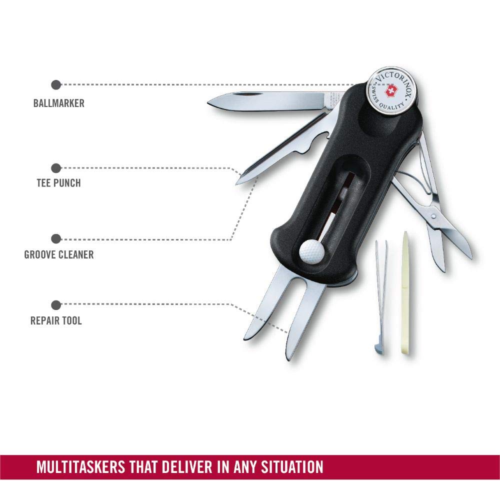 Victorinox Golf Negro Horquilla de Golf con Marcador y Reparador de Marcabolas Equipado con una Herramienta Deportiva de Bola Removible con 10 Funciones Herramienta, Herramienta, Marcador,