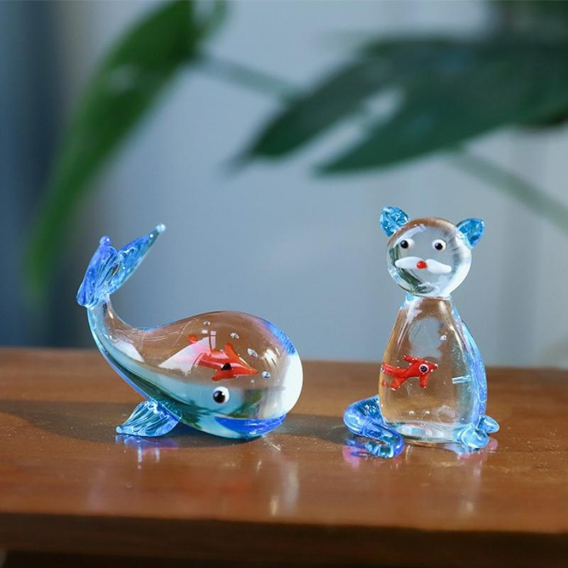 Creative Mini Handcrafted Glass Fish Figurine Cute Transparent Fish Ornaments Desktop Decoration Home Office Decor Figurine New