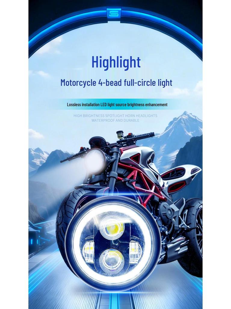Motorcycle LED Headlight: 4-Bead Full Circle, High Brightness, Waterproof, Improved Heat Dissipation.