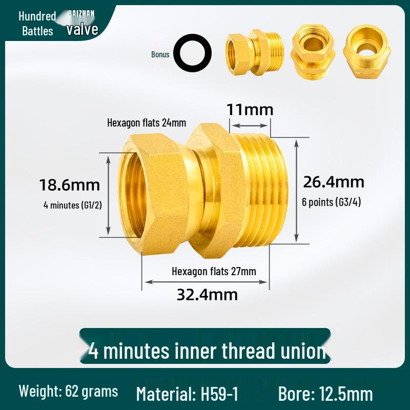 Reducing Copper Pipe Connector: Male/Female Threaded Union, 4 Points to 6 Points, 1 Inch