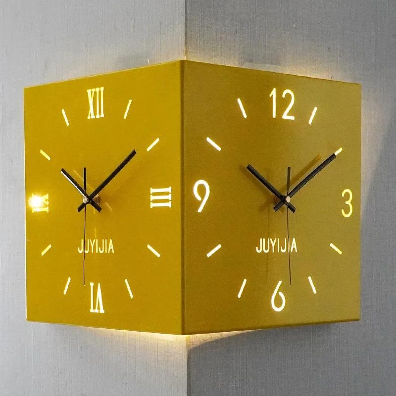 Nordic Wall Clock Lights Corner Double Sided Wall Clocks Square Living Room Clock Roman Minimalist Design Clocks Modern Stylish