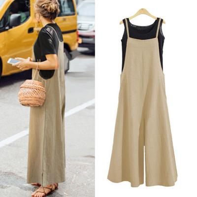 Women Summer Jumpsuit Square Neck Sleeveless Spaghetti Strap Wide Leg Deep Crotch Loose Solid Color Casual Daily T-shirt Matching Long Jumpsuit