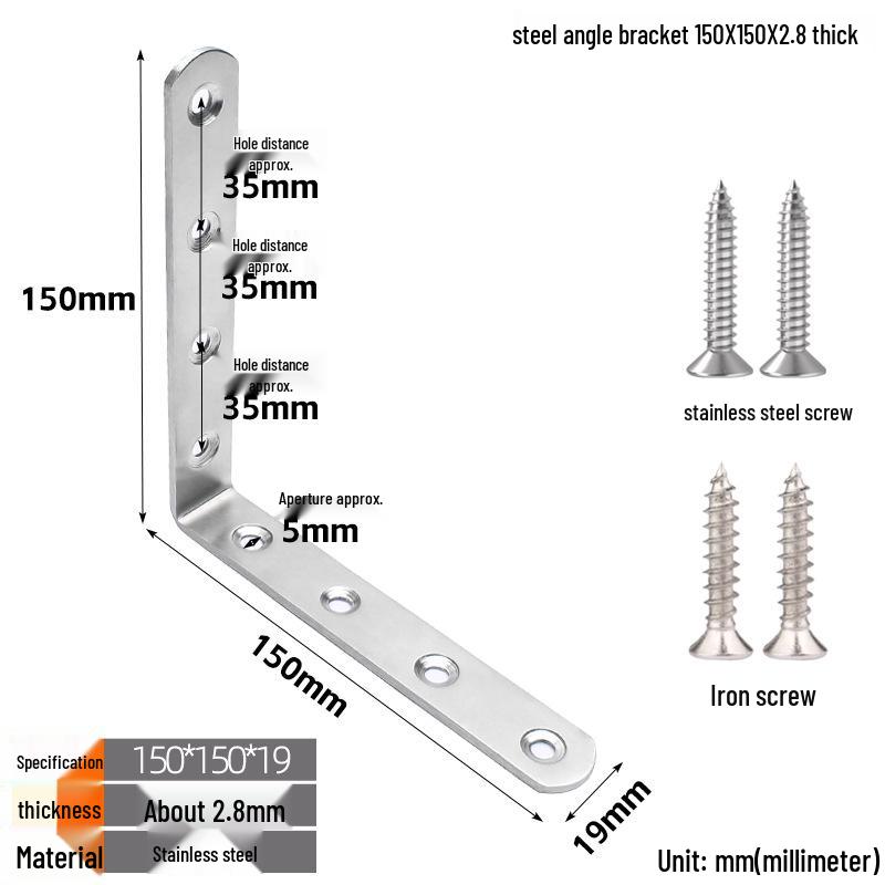 Thickened Stainless Steel 90° L-Shaped Bracket for Furniture and Shelves