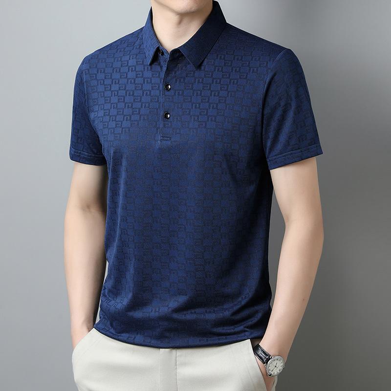 Ice Silk Hidden Plaid Polo Shirt Men'S Short-Sleeved T-Shirt Half-Sleeved Summer Lapel Breathable Medium Green