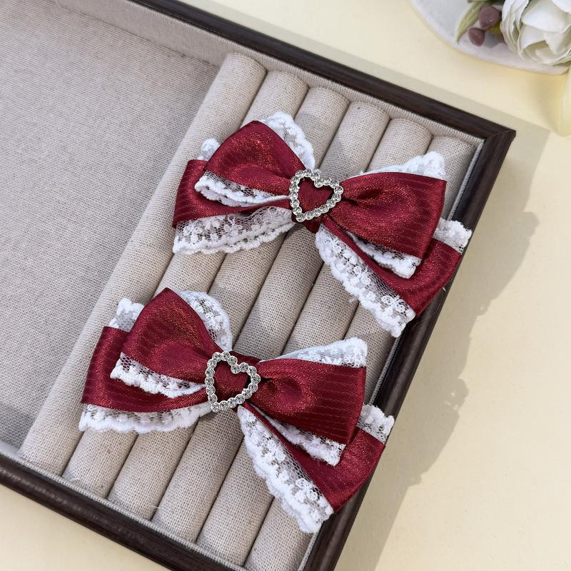 Lace Stripe Satin Bow Hair Clip Heart Rhinestone Barrettes Women Lolita Daily Wedding Party Hair Accessories Hair Clips Forwomen