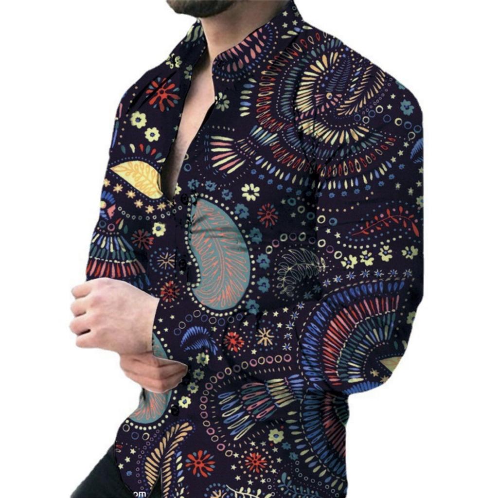 Luxury Baroque Print Long Sleeve Shirt, Stylish Trendy Men's Fashion