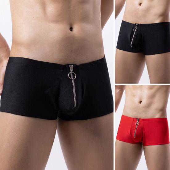 Men Boxers Zipper Closure Low Waist Elastic Solid Color U Convex Soft Breathable