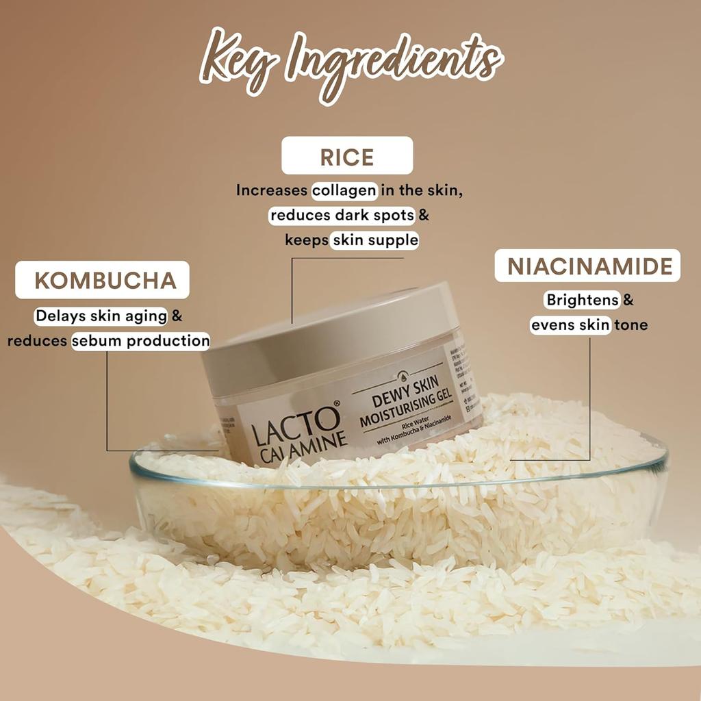 Lacto Calamine Dewy Rice Face Moisturizer 50 g Hydrating Gel With Niacinamide For Glowing Even Tone Lightweight Daily Use