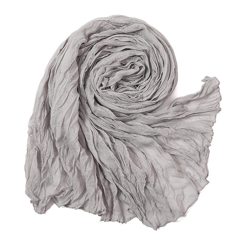 Solid Color Crinkle Cotton Linen Scarf New Warm Silk Pleated Green Retro Thin Long Strip Shawl Men And Women'S