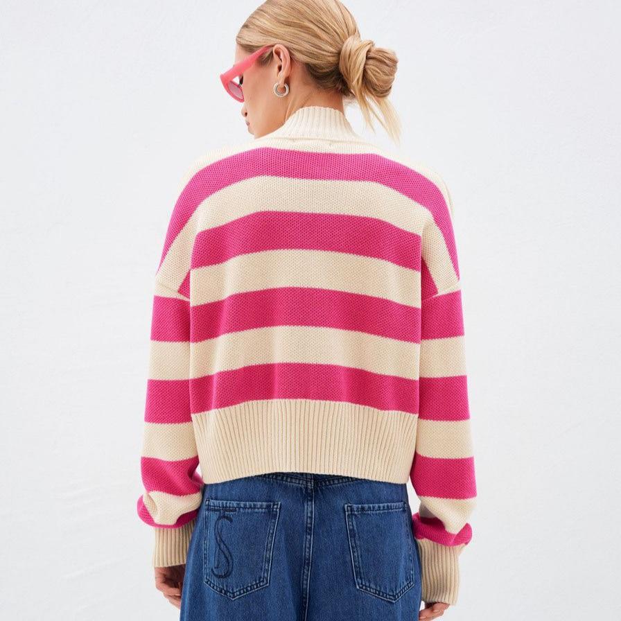 IHUASU Autumn and Winter Sweater Women's Clashing Colours Loose Design Knitted Cardigan Jacket