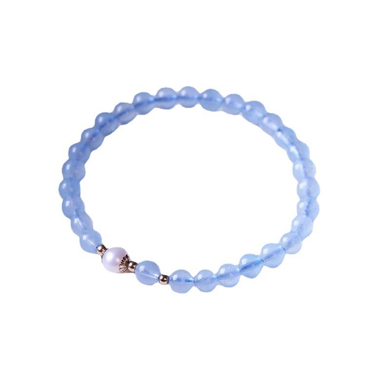 Natural aquamarine round bead bracelet paired with freshwater pearls and small gold beads, single-loop unisex bracelet, travel souvenir bracelet