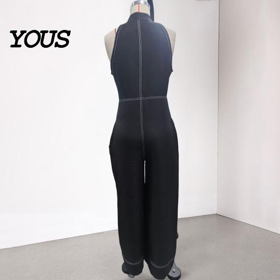 Polyester Jumpsuit Damen Ärmelloser Jumpsuit, Reißverschluss Stehkragen Weiter Bein Alle Größen Hosen Strampler, Lässige Sommer Einteiler Outfits mit Taschen