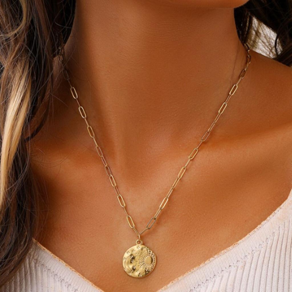 Edelstahl Titan Stahl Einfache Damen Silber Gold Stern Mond Sonne Runde Münze Schlüsselbein Mode Licht Luxus Halskette
