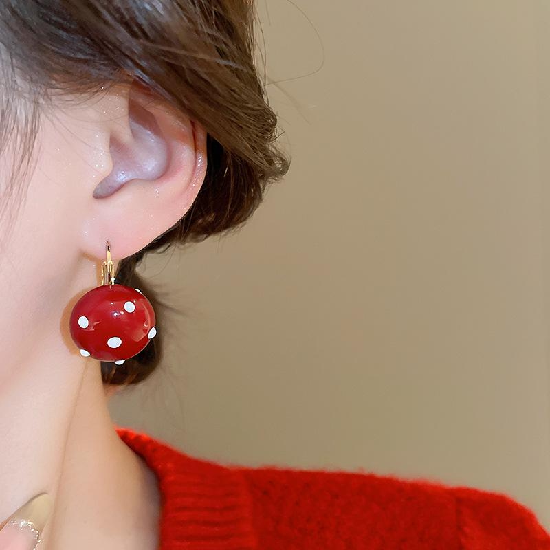 14K Gold Plated Copper Red Enamel Polka Dot Ball Hoop Earrings For Women Girls Casual Fashion Jewelry
