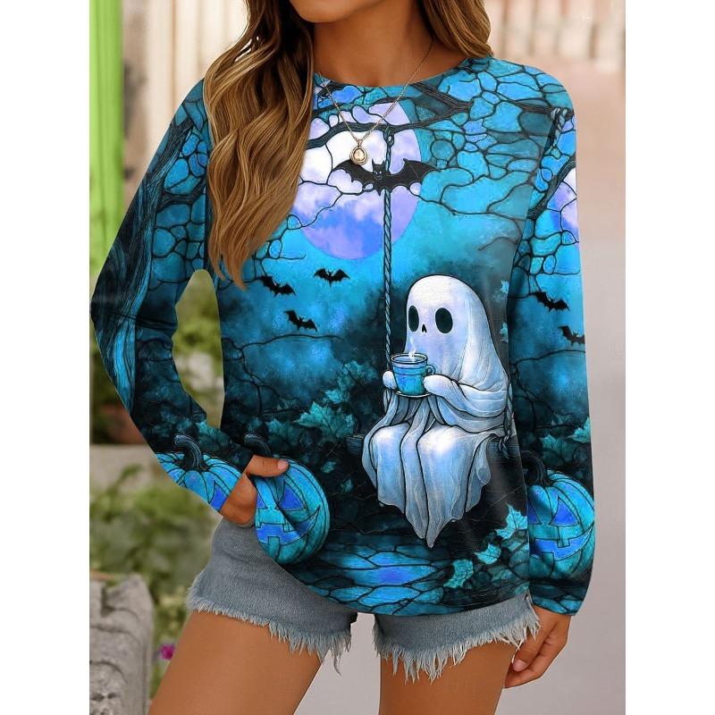 Round Neck 3D Ghost Printed Top Casual Long Sleeved Women's T-shirts - Soft Medium Stretch Polyester Fabric Spring and Autumn Relaxed Fit Clothing