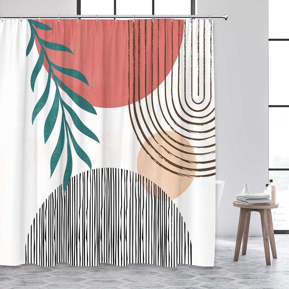 Mid Century Shower Curtains Watercolor Green Leaves Black Line Creative Geometric Modern Bathroom Curtain Polyester Decor