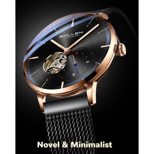 SOLLEN Men's Skeleton Automatic Watch - Original Mechanical Movement, Mineral Glass, 30m Water Resistance, Seconds Subdial & Luminous Hands, Minimalis