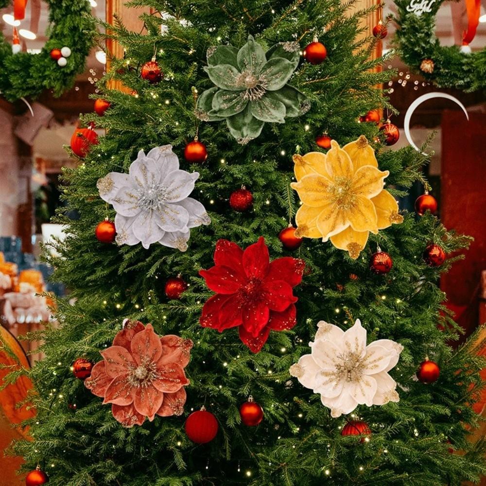 Velvet Texture Xmas Poinsettia Ornament Sparkling Faux Magnolia Flower Christmas Tree Decoration