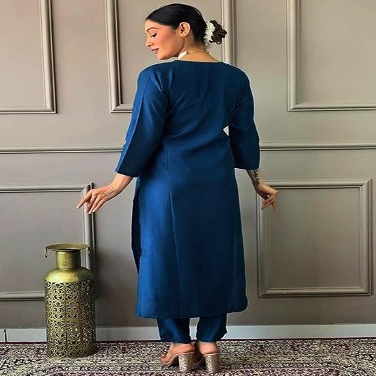 Women's Indigo Blue Cotton Silk Embroidered Kurta with Trousers and Dupatta Set