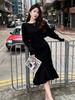 Hepburn-Style Black Knit Dress & Coat Set - Slim, Long Sweater with Fishtail Skirt, Small Fragrance Style