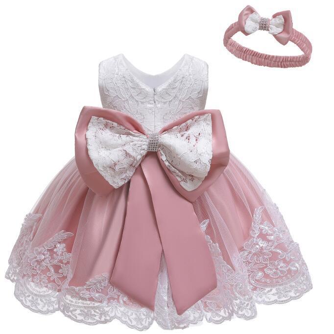 Children's Lace Color Block Birthday Bow Dress
