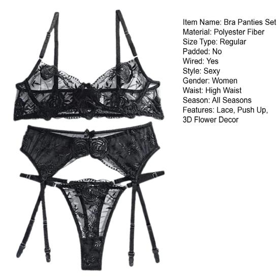 3 Pcs/Set Bra Panties Set 3D Flower Bow Decor Wired Push Up Lace Elastic Thigh Rings High Waist Wedding Night Romantic Midnight Lady Sex Underwear Set