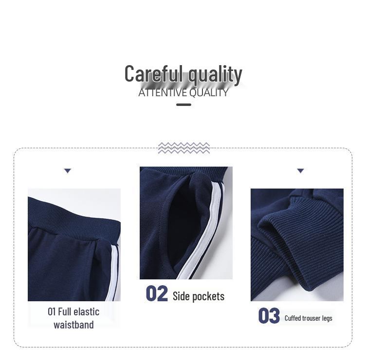 Dunkelblaue Kinder-Sporthose mit Streifen für Jungen - Grundschuluniform, Frühling/Herbst.