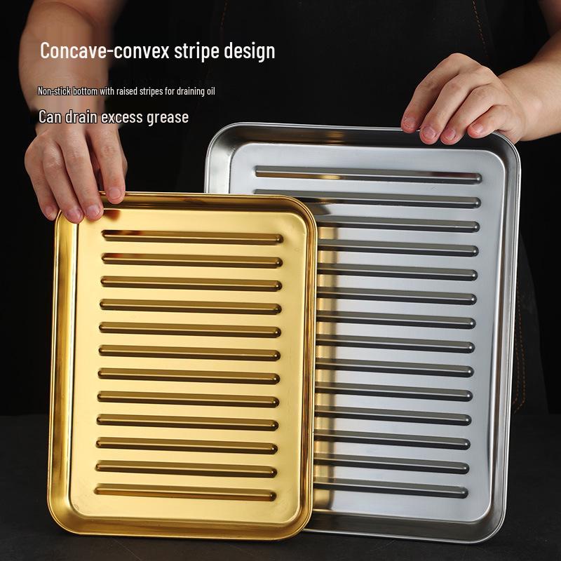 Korean Style Stainless Steel Gold BBQ & Grilling Plate - Versatile Rectangular Tray for Rice, Noodles, Steaming, and Snacks