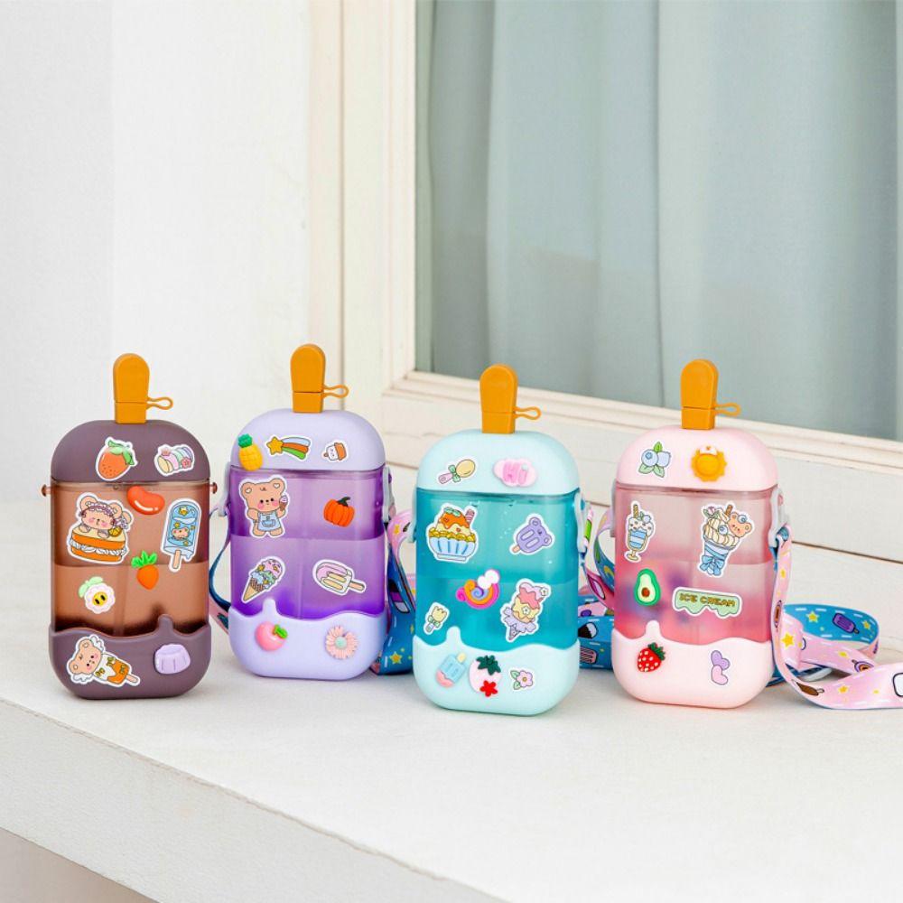

Anti Fall Cartoon Water Bottle Sealed Plastic Drinking Kettle Practical Popsicle Straw Cup Outdoor рожевий