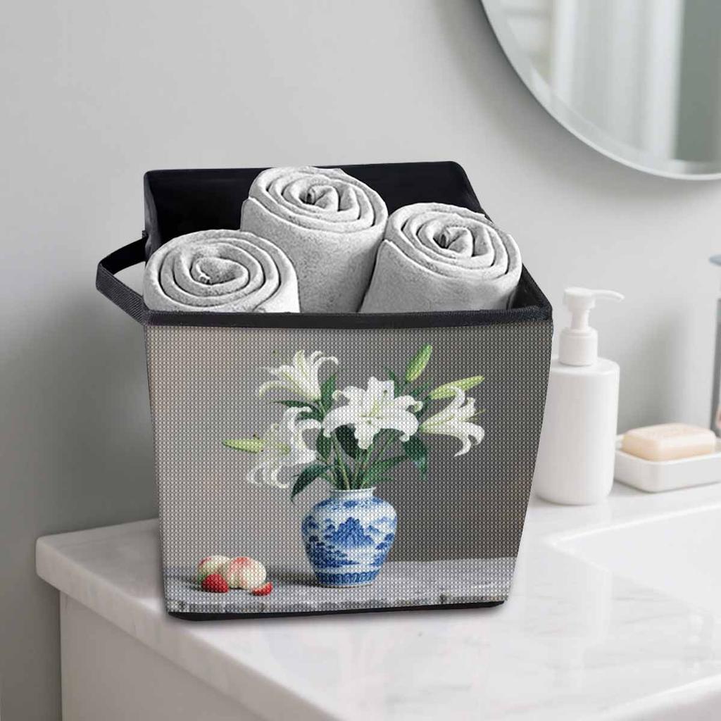 Weiße Lilien 5D Diamantmalerei Aufbewahrungskorb Vollrundbohrer Mosaik Diamantstickerei Kreuzstich-Kits Heimdekoration Heimdekoration