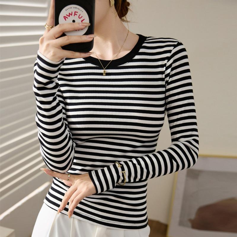 Women Black White Striped Cotton Fitted Long Sleeve Crew Neck Casual Base T Shirt Top