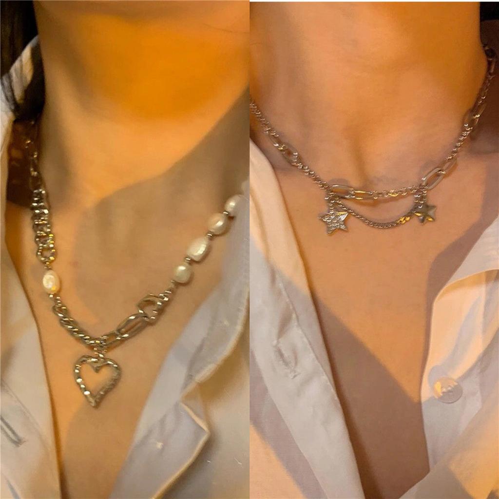 Spice Girls Sweet Cool Cosmic Opal Artificial Pearl Necklace Female Tide Double Layer Stacked Wearing Love Hip Hop Collarbone Chain