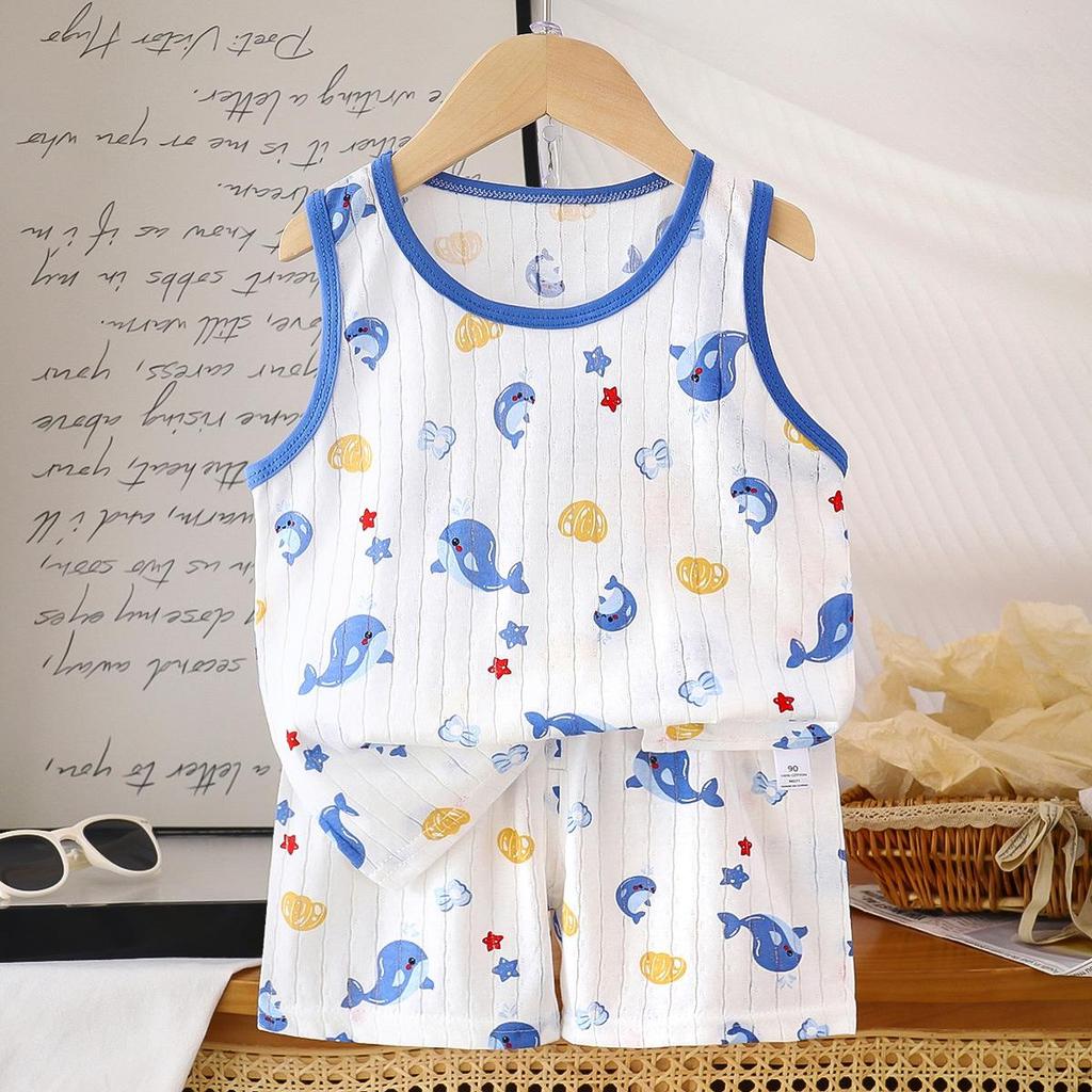2026 Summer Children O-Neck Sleeveless Vest Suits Baby Spring Short Pants Two-pieces Set Cartoon Cotton Suit for Girl Boy