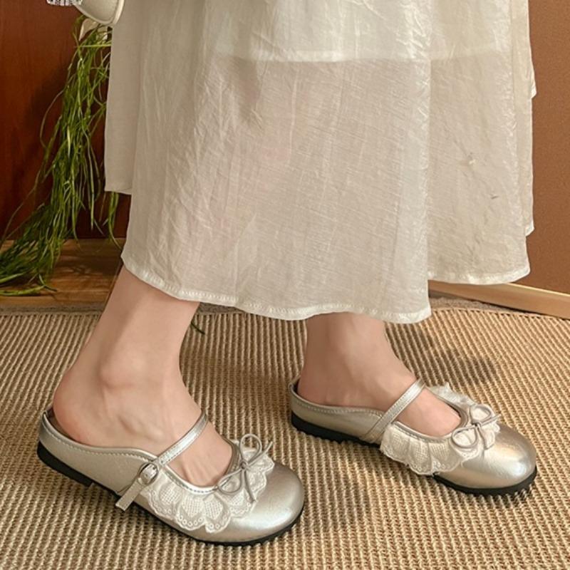 Fashion Lace Lace Bow Flat Semi-drag Spring and Summer New Round Toe Shallow Mouth Soft Sole Anti-slip Wear-resistant Slippers