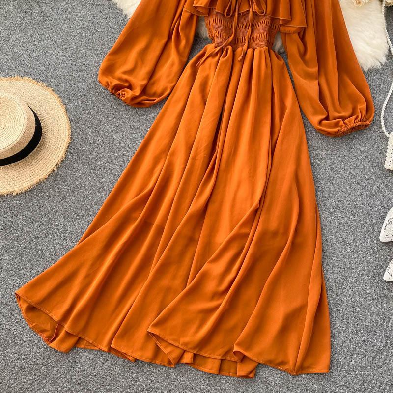 Chic Gentle Wind Dress Autumn Women's French Vintage Square Neck Magenta Bubble Sleeve Dress