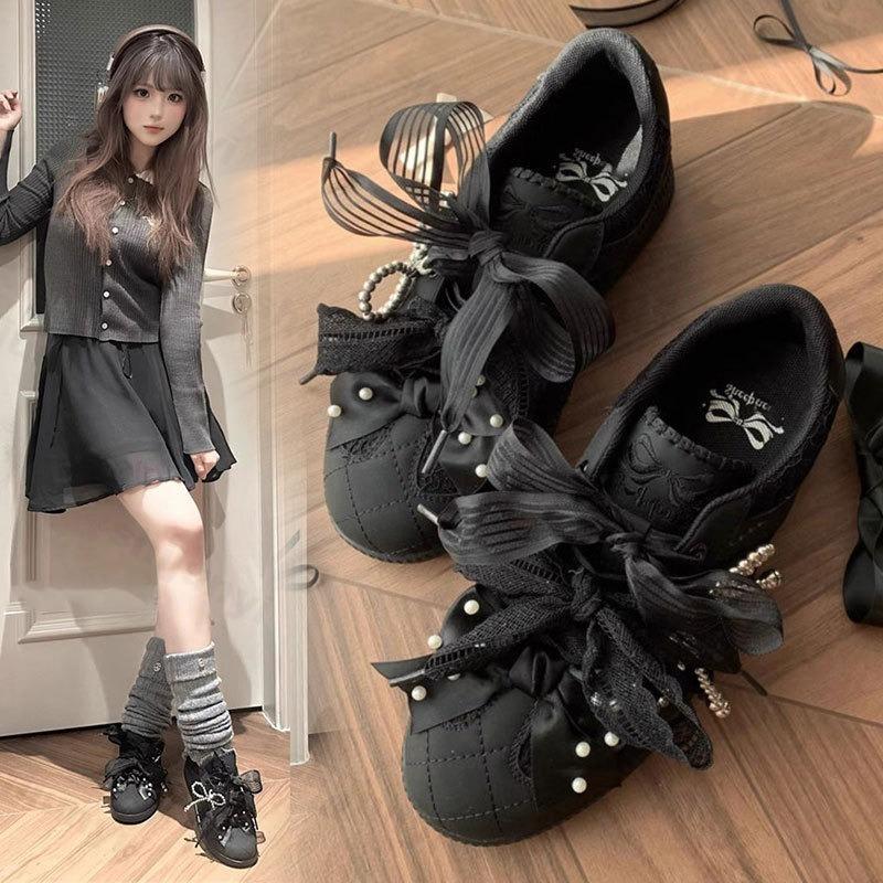

Fashion Autumn Women Sport Shoes Casual Sneakers 2025 New Fashion Lace Up Running Hiking Shoes Woman Pearl Lace Lolita Zapatos Mujer 35 чёрный