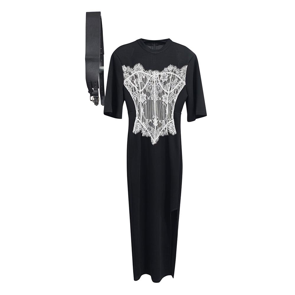 2026 Spring Women s Elegant Socialite Dress: Round Neck, Lace Patchwork, Cinched Waist, Slit Long Gown Small чёрный