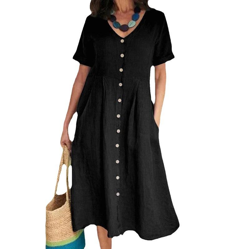 2025 Spring/Summer European and American Solid Color Loose High-Waisted Cotton Linen Dress.