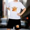 Boys 2 Piece Cat Fisheye Print Outfit, Short Sleeve T-Shirt and Shorts Set for Kids Age 5-14,Black ,White Sporty Casual Summer Clothes
