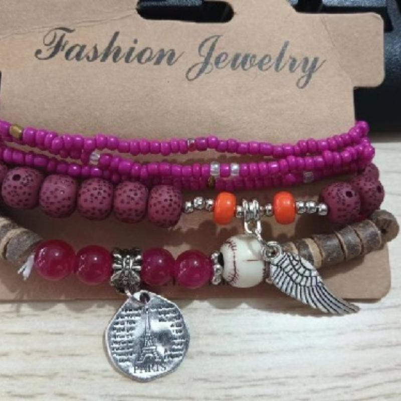 Bohemian Bracelet Leaf Ethnic Style Pendant Elastic Rope Beaded Multi-layer Bracelet