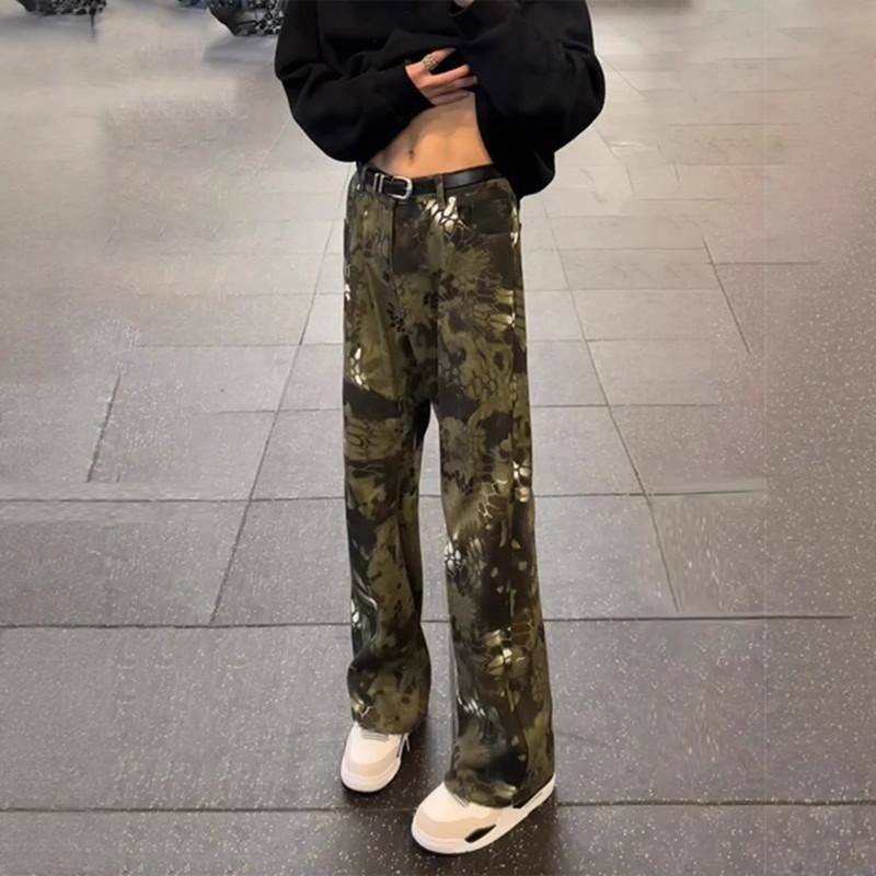 Mens Vintage Camo Flared Jeans Slim Fit Cargo Pants Casual Denim Trousers