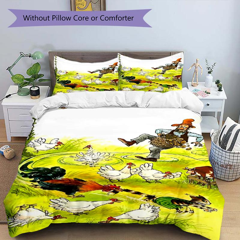 3pcs Duvet Cover Set (1*Duvet Cover + 2*Pillowcase, Without Core), Pettersson und Findus Print Bedding Set, Bedroom Decor, All‑Season, Birthday Gift