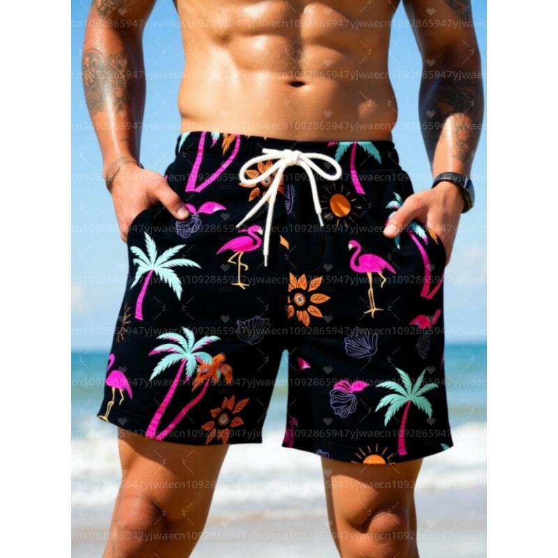 26 Summer Men Board Surf Shorts Tropical Plants Print Trunks Drawstring Elastic Quick Dry Hawaiian Beach Shorts Men Clothing