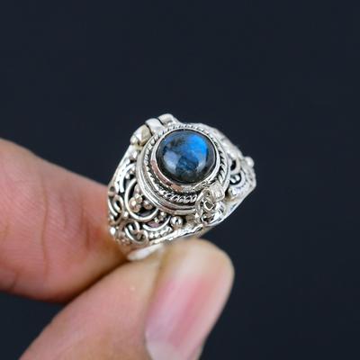 Natürlicher 7 mm runder Labradorit-Ring aus 925er-Sterlingsilber mit Gift-Medaillon für Frauen und Mädchen
