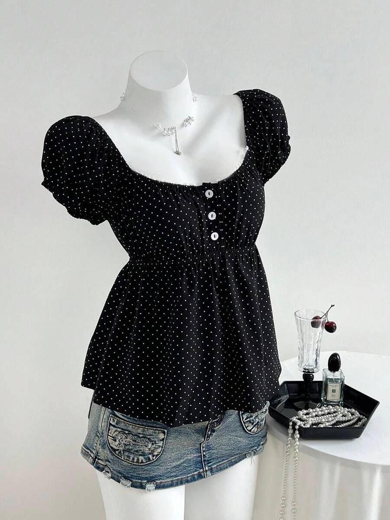 Summer 2026 Women's Polka Dot Puff Sleeve French Square Neck Slim Waist Top