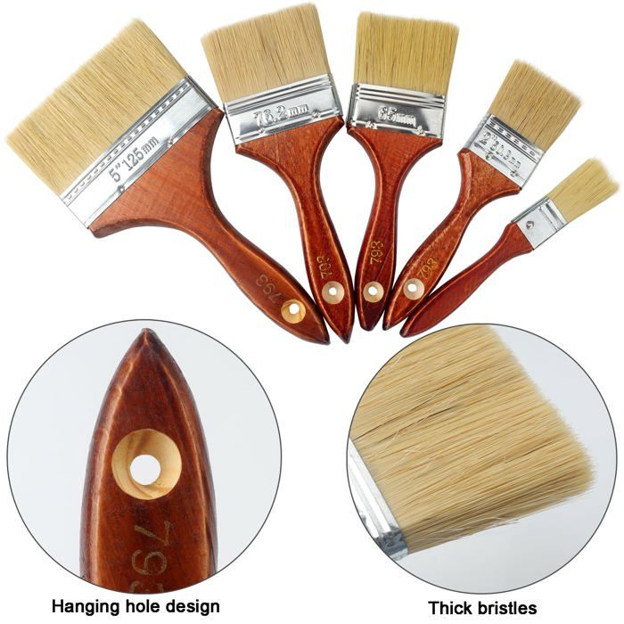 Lot de 5 pinceaux peinture - AIMOONSA - Modèle mixte - Poils synthétiques - Manche bois - Eau & huile