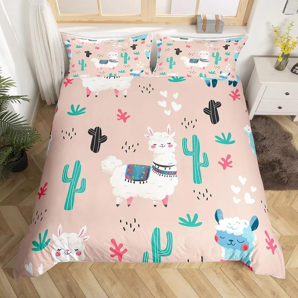 Alpaca Duvet Cover Set Boys Girls Cute Cartoon Animal Comforter Covers Kids And Teenagers Room Green Bedding 2/3 Pcs With Zipper