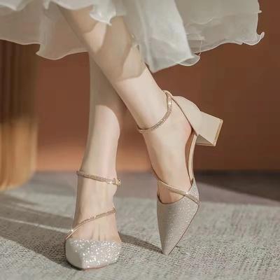 Elegant Medium Heel Women's Shoes Luxury Sandals Women Designers Fashion Rhinestone Pumps Chunky Heels Women Sandals