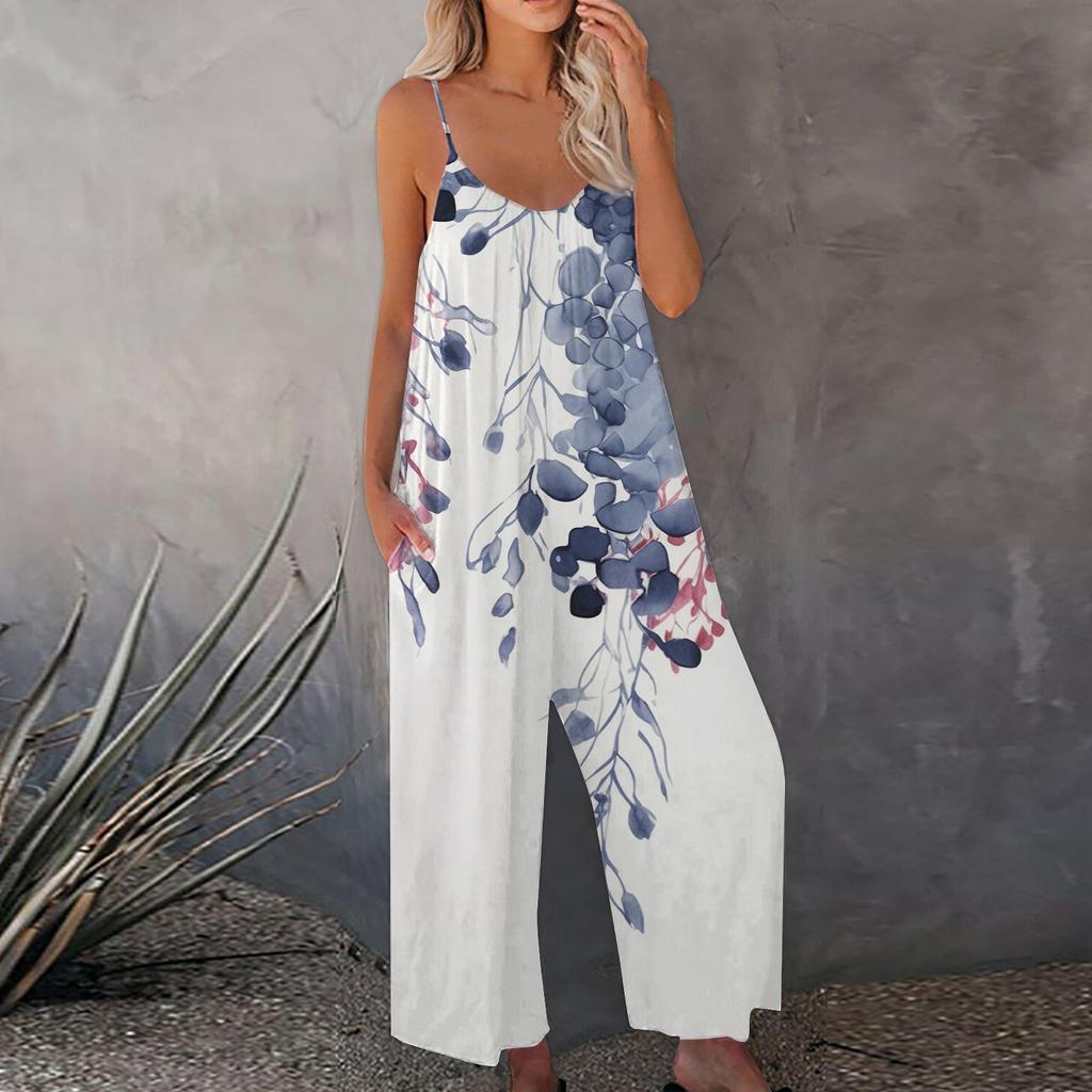 Women's Printed Jumpsuit Casual Loose Adjustable Suspender Jumpsuit