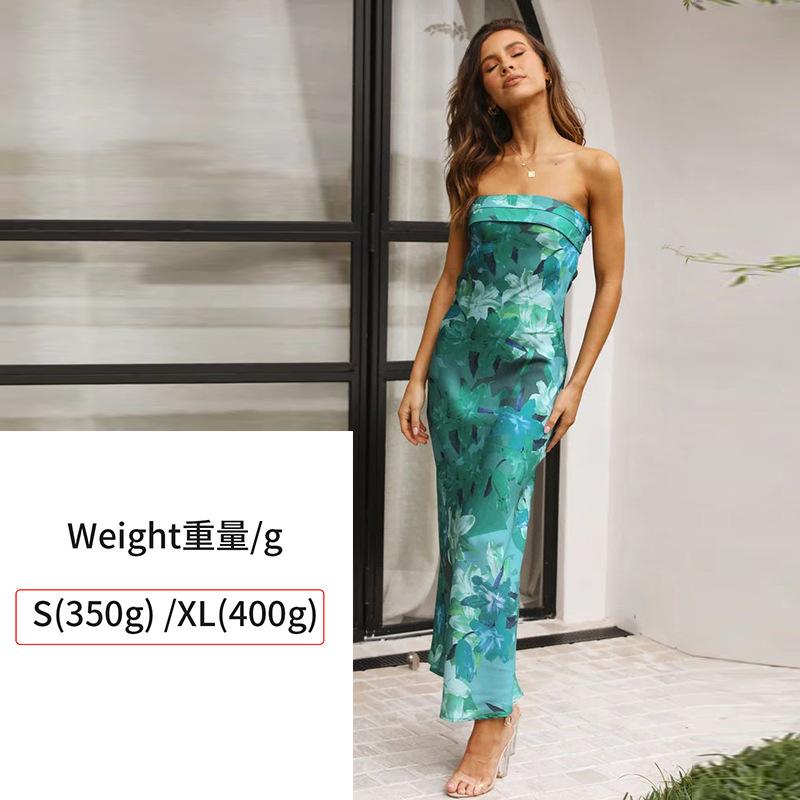 Spring and Summer New Temperament Socialite Satin Backless Tube Top Dress Print
